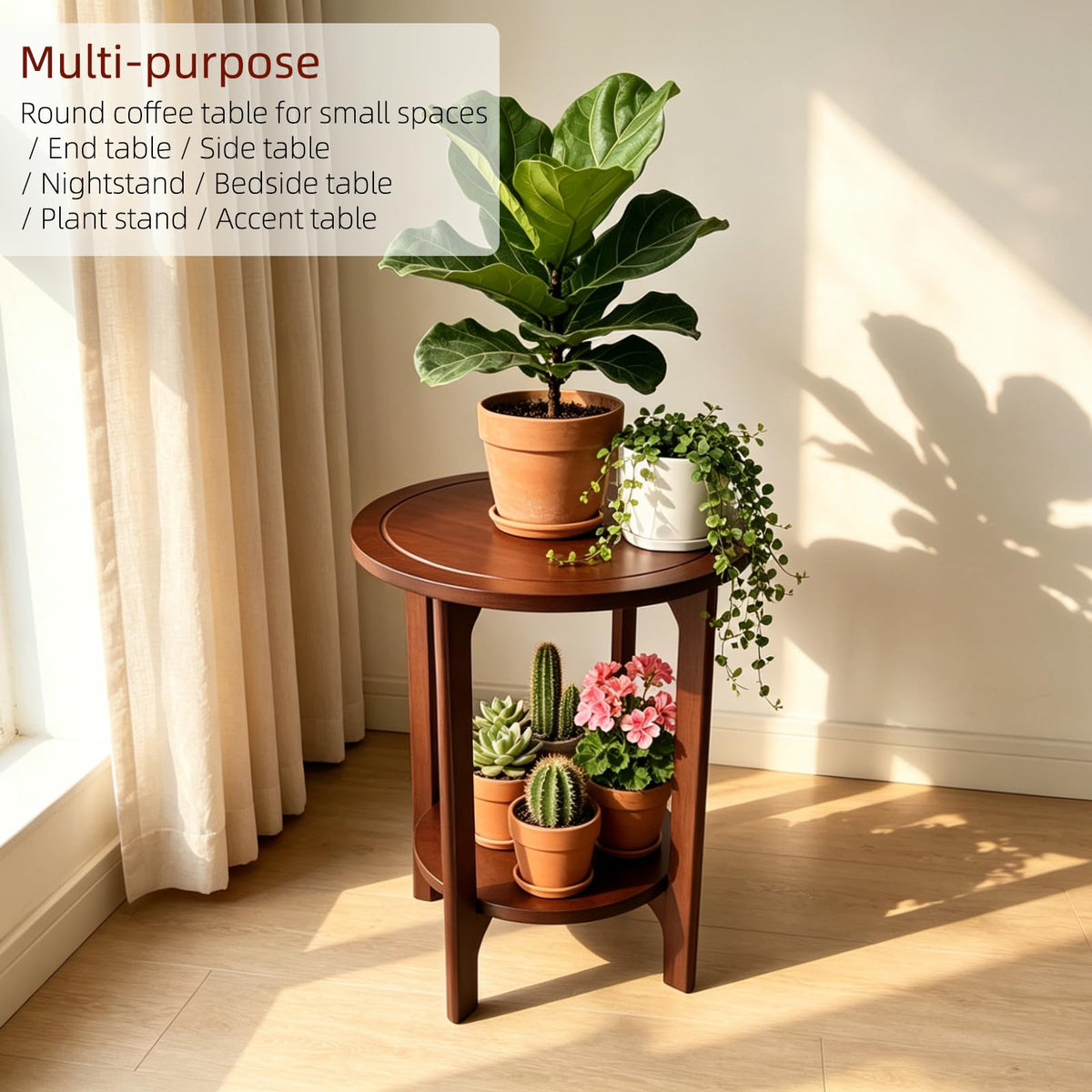 Small Round Side Table, 2-Tier Solid Wood End Table, Mid Century Modern Nightstand for Living Room, Bedroom, Easy Assembly (Walnut)