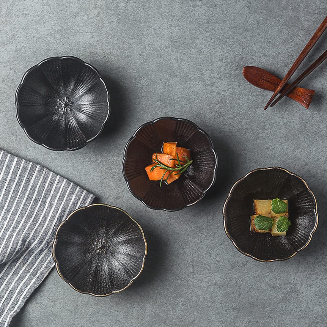 Dipping Bowls, Soy Sauce Dish Ceramic, Small Serving Bowls for Side Dishes Vintage Black Stylish Design, Set of 6 Mini Appetizer Plates for Condiment Sushi Ketchup BBQ Party, 3.34 Inch