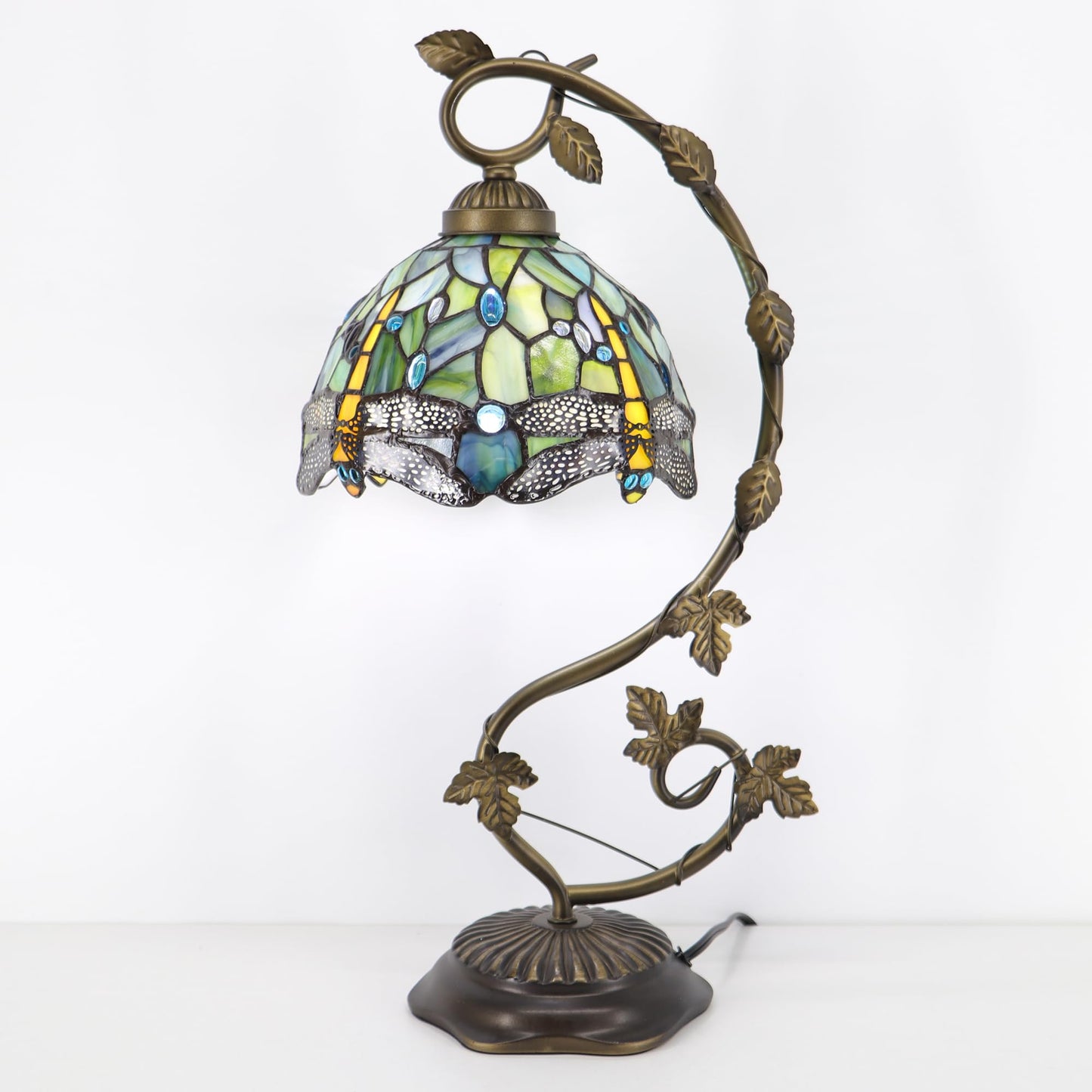 HWDFEI Tiffany Table Lamp, Stained Glass Desk Reading Light,Metal Leaf Table Lamp Base 8X10X21 Inches (Brown Dragonfly)