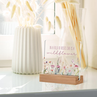Lacosu Inspirational Desk Decor, Wildflower Acrylic Sign, 4 x 4 Inches, Acrylic & Wood, Home & Office Decor, Motivational Gift