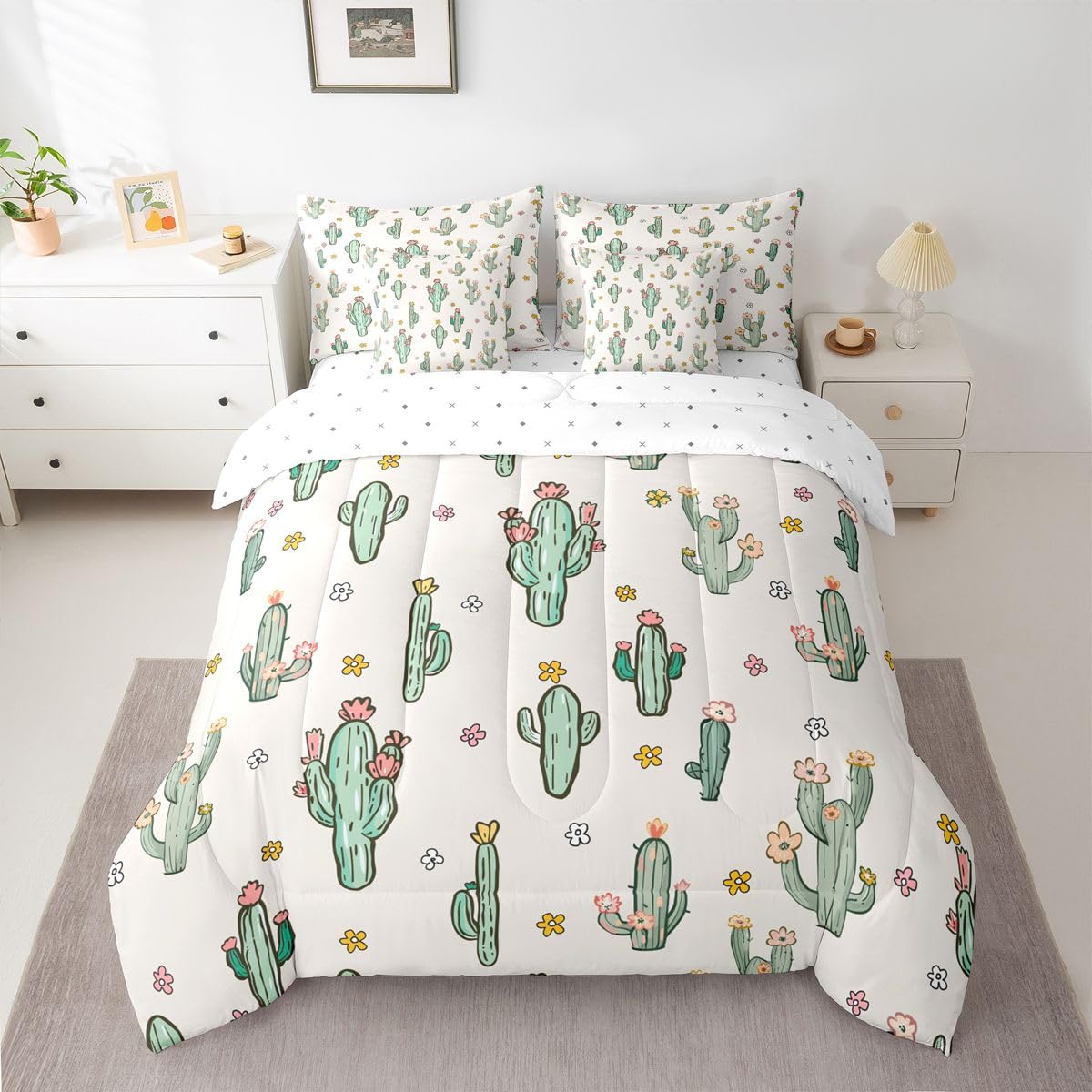 Erosebridal Cactus 7 Piece Bedding Set Queen Western Comforter Set with Sheets Cute Cartoon Flowers Desert Plant Bed in a Bag Retro Red Floral Green Botanic for Kids Boys Girls