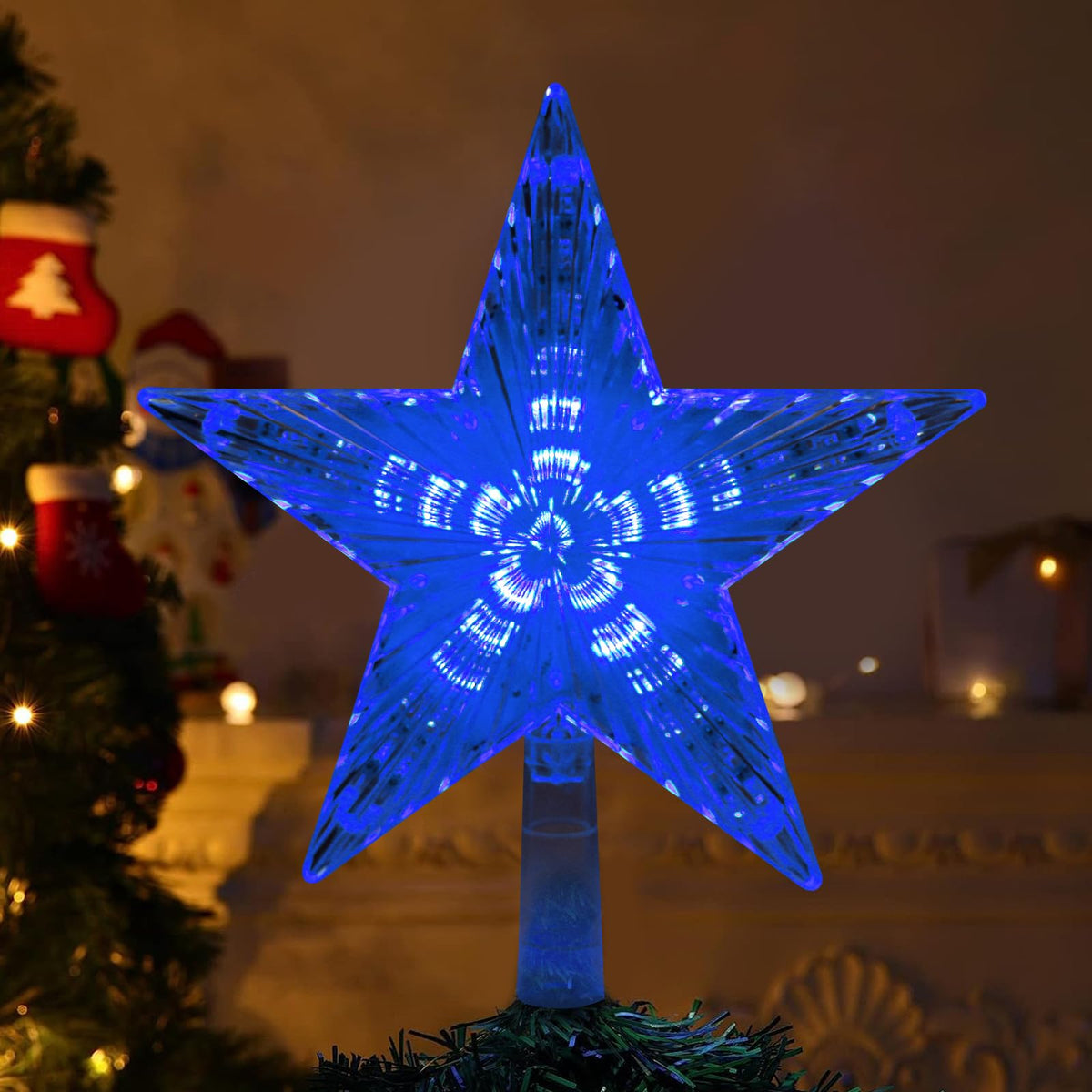 DERAYEE Christmas Tree Topper, 9 Inch Lighted Xmas Star Tree Topper Battery Operated Treetop for Christmas Tree Decorations Indoor Home Décor (6H Timer, Blue Lights)