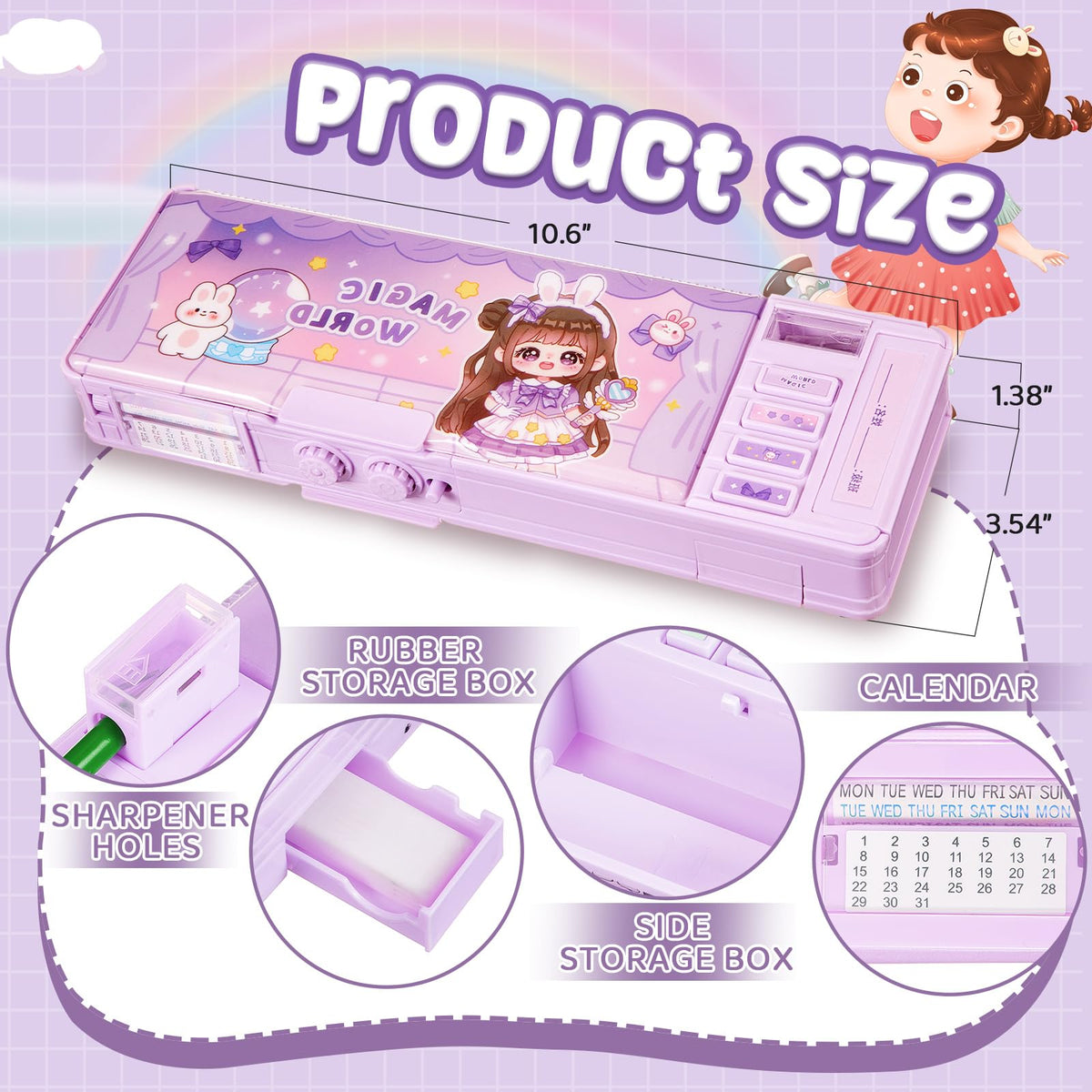 Humyoun Multifunctional Pop up Pencil Case for Girls, Cute Cartoon Pen Box Organizer with Password Lock, Sharpener, Schedule, Birthday Stationery Gifts for Kids (Purple, Magic World)
