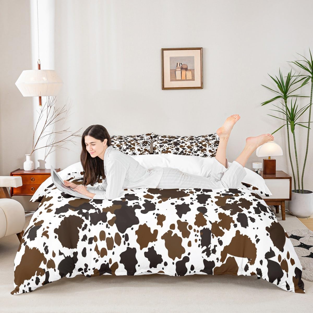 Homewish Cow Print Duvet Cover Set King Size Brown and White Cow Fur Bedding Set 3pcs for Kids Boys Teens Room Decor, Farm Animal Print Comforter Cover Cowhide Bedspread with 2 Pillowcases