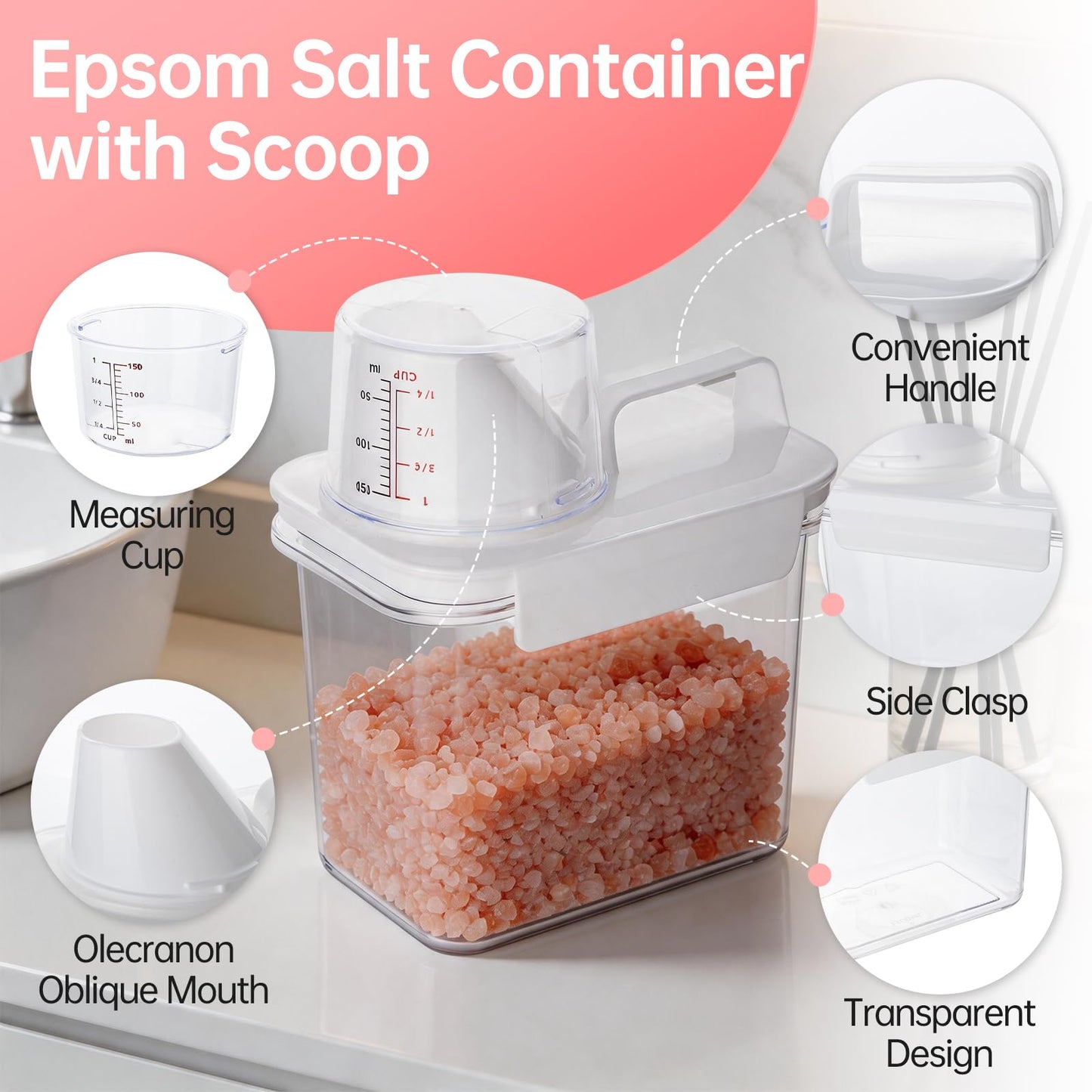 Vekniqo Epsom Salt Container with Scoop Cup-1100ml(37oz)