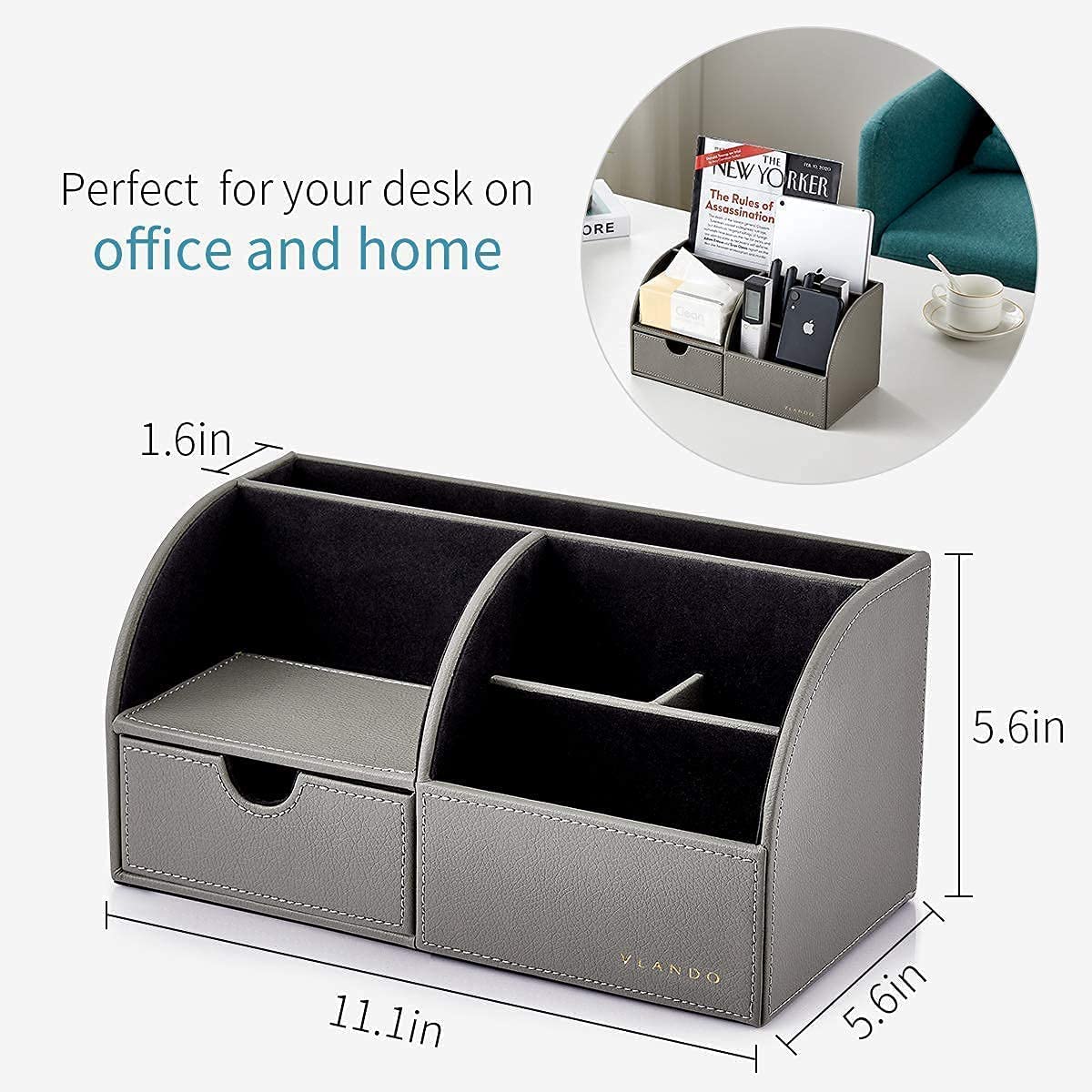 VLANDO Office Desk Organizer Leather Desktop Organizer Caddy with Drawer for Storing Desktop Supplies and Accessories (Grey Set)
