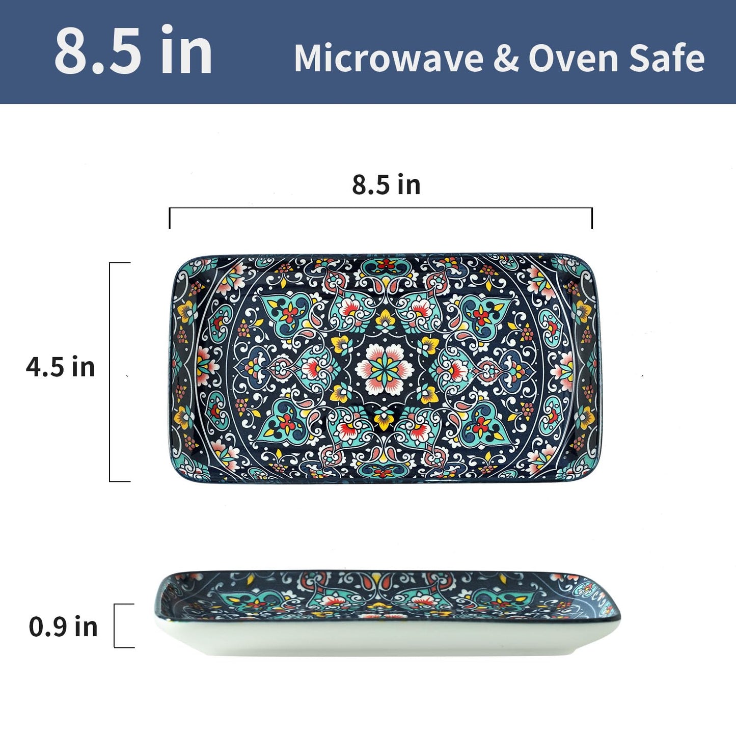 glowworm Porcelain Appetizer Plates Set of 6, 8.5 Inch Salad Plates for Sushi, Dessert, Rectangular Serving Platters, Serving Tray for Party, Kitchen, Microwave & Oven Safe, Bohemian
