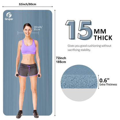 Yoga Mat Non Slip NBR Thick Yoga Mat, 72"L x 32"/24"W x 0.6"/0.4"TH (185cm x 80cm/61cm x 15mm/10mm), Anti-Tear Exercise Mat with Carrying Strap and Bag, Workout Mats for Yoga, Pilates, Floor Exercises