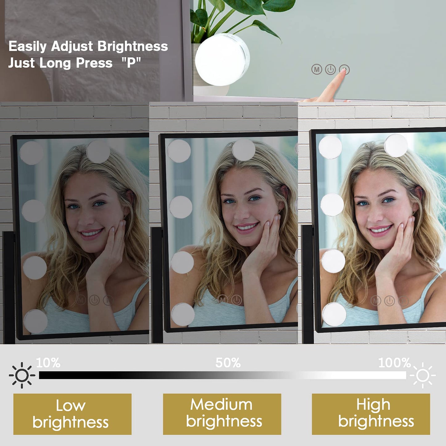 Lighted Makeup Mirror Hollywood Mirror Vanity Mirror with Lights, Touch Control Design 3 Colors Dimable LED Bulbs, Detachable 10X Magnification, 360°Rotation, (White) 12" L x 14" W