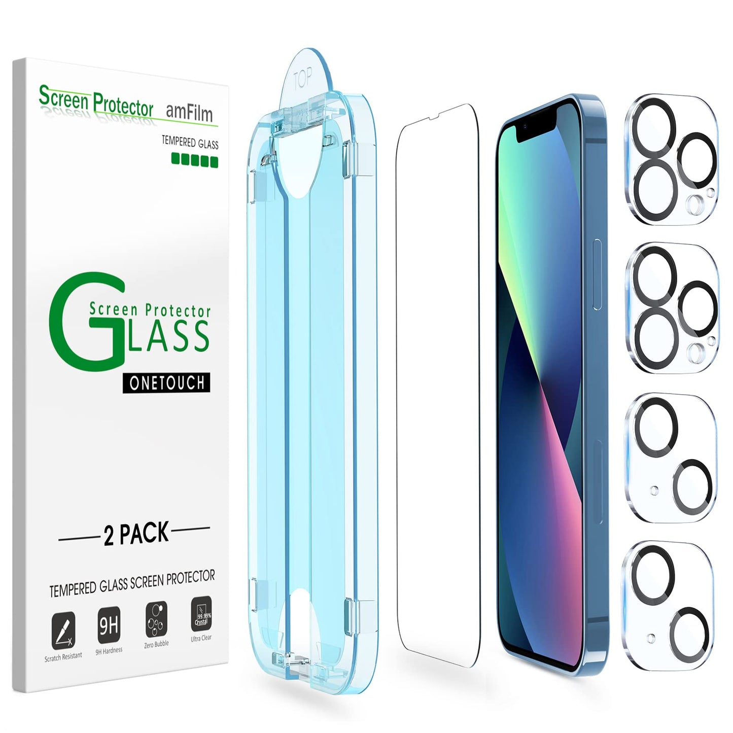 amFilm Auto-Alignment OneTouch for iPhone 16 [6.1''] Screen Protector + Camera Lens Protector, Tempered Glass, 30 seconds Installation, Bubble Free, Case Friendly, Anti-Scratch [2+2 Pack]
