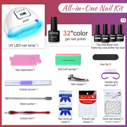 JODSONE Gel Nail Polish Kit with U V Light 32 Colors Gel Polish Nail + 4 Functional Adhesive Bottles Kit Soak Off Manicure Tools Gifts for Women