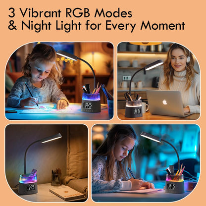 WILIT LED Desk Lamp for College Dorm Room Essentials, Students Study Lamp with USB Charging Port, Pen Holder, Clock & RGB Night Light, Office Desk Accessories, Table Lamp for Bedroom - Gray