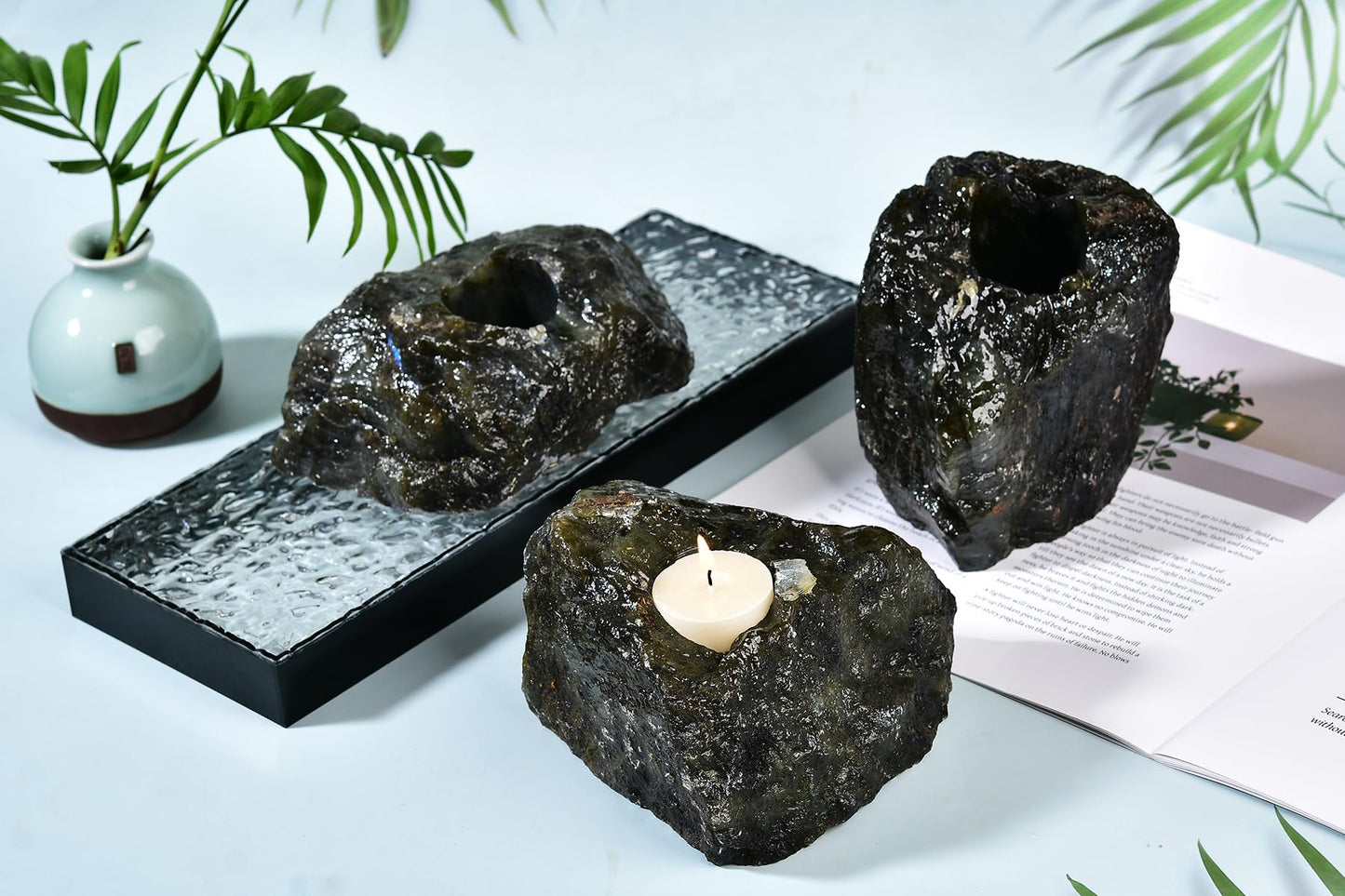 AMOYSTONE Natural Labradorite Tealight Candle Holder Healing Stone Candlestick Natural Healing Crystal Air Plant Holder 2.5-3.5 Lbs