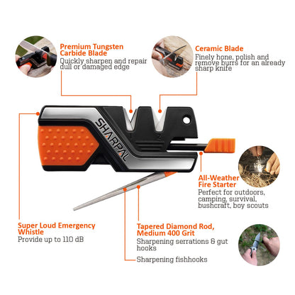 SHARPAL 101N 6-in-1 Pocket Knife Sharpener & Survival Tool – Diamond Sharpening Rod, Fire Starter Ferro Rod, Whistle – Sharpens Straight & Serrated Blades, Repairs & Hones Knives Mothers Day Gifts