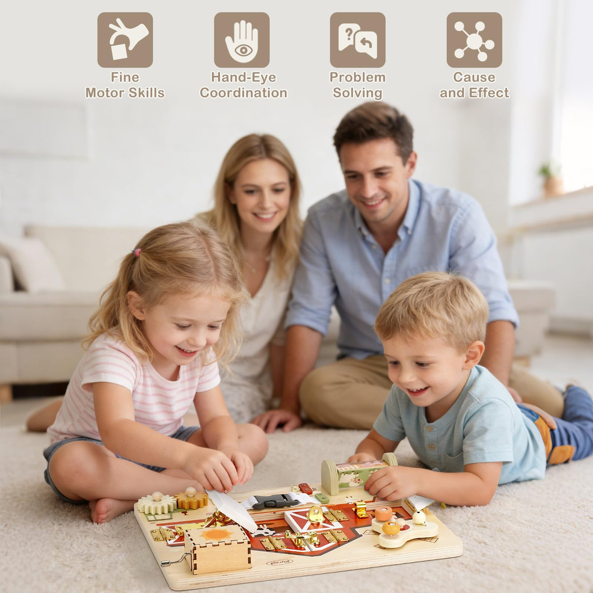 Joyreal Wooden Montessori Busy Board for 1 2 3 Year Old Toddlers, Farm Themed Sensory Toys for Kids, Fine Motor Skills Activity Board with Music Box & Latches, Learning Toys Gift for Autistic Children