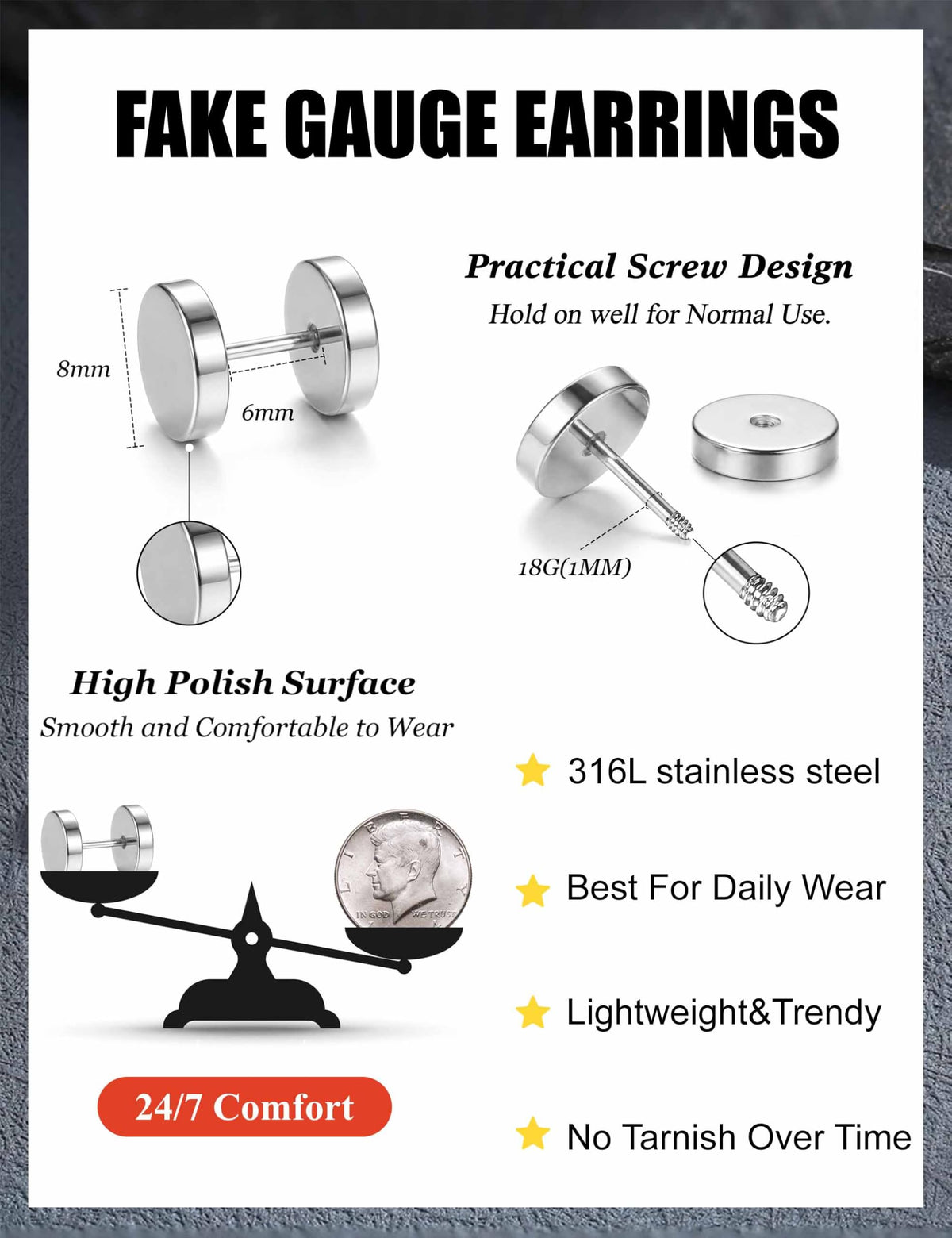 FIBO STEEL 6 Pairs Stainless Steel Black Stud Earrings for Men Women Faux Gauges Ear Tunnel Fake Gauge Earrings 3-8mm Silver