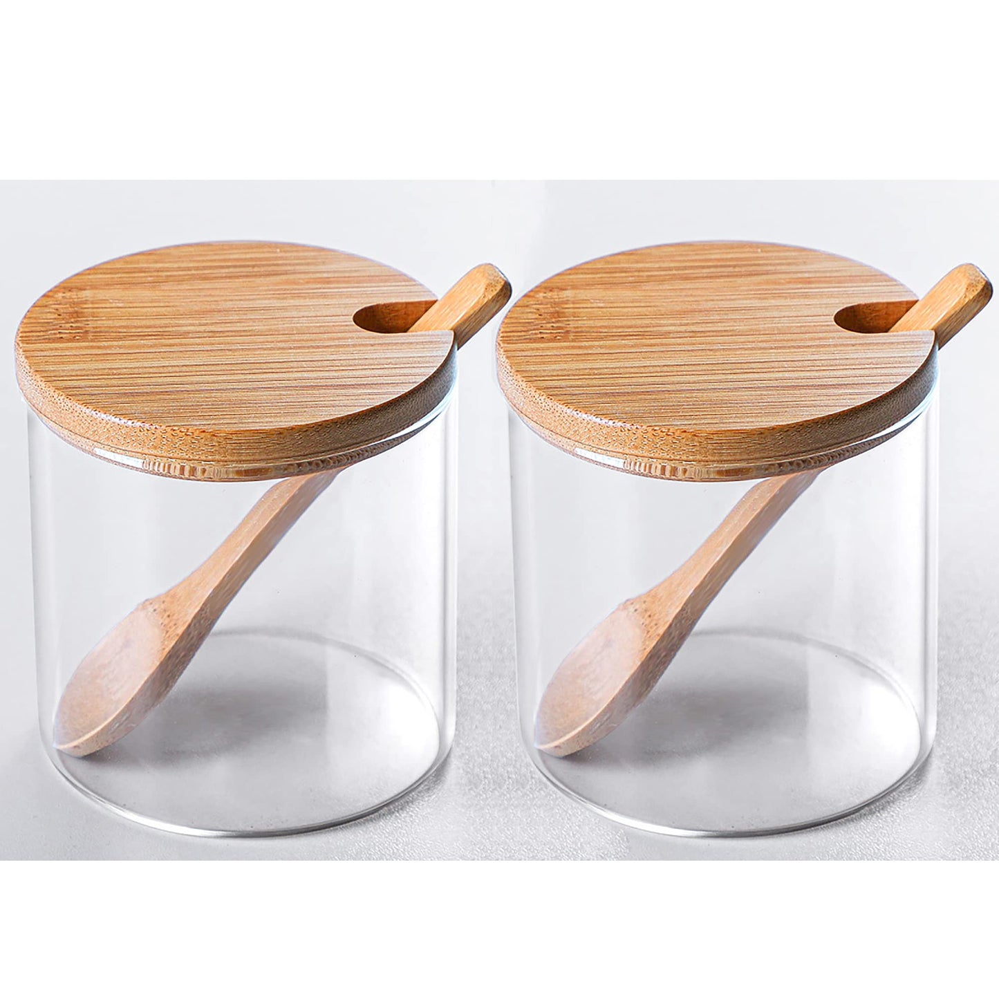 FANTESTICRYAN 2 PCS Clear Glass Condiment Canister Pots Set, Simple Stylish Decorative Storage Seasoning Container with Bamboo Lid & Spoon for Home Kitchen Café Storing Salt Sugar Spice (Round)