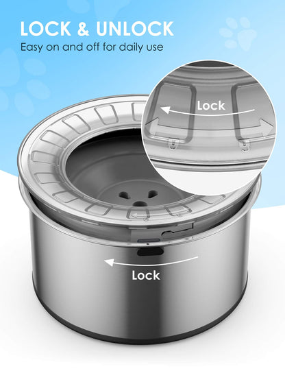 Heouvo 1 Gallon Large Dog Water Bowl No Spill,【Anti Digging Lid & Rubber Bottom】 Spill Proof Dog Bowl, Anti Splash Mess Dripless Slow Drinking Stainless Steel Water for Sloppy Messy Drinkers Car