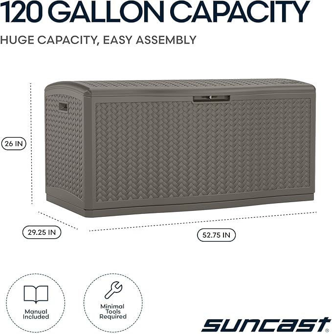 Suncast Extra Large Deck Box - 124 Gallon Resin Outdoor Storage Box with Lockable Lid for Outdoor Cushion Storage, Toys, & Garden Gear, Stoney Grey Wicker Bin for Patio, Porch, Pool, & Yard