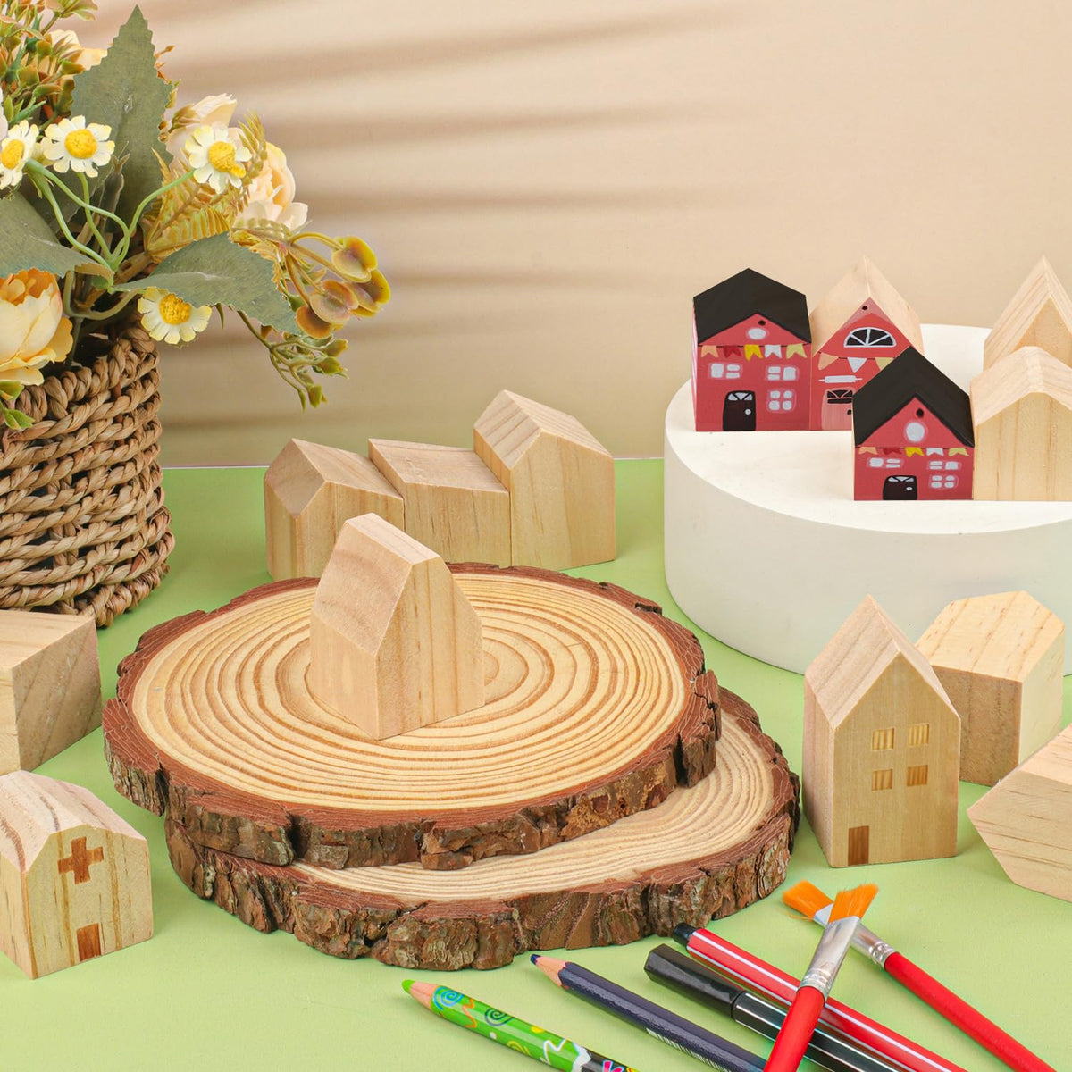 Yiksonyo 56 PCS Multi-Size Unfinished Wood House Shaped Blocks, Wooden Houses for Crafts, Arrow Shape Wood Blocks for DIY Projects, Home Decor, and Festive Occasions