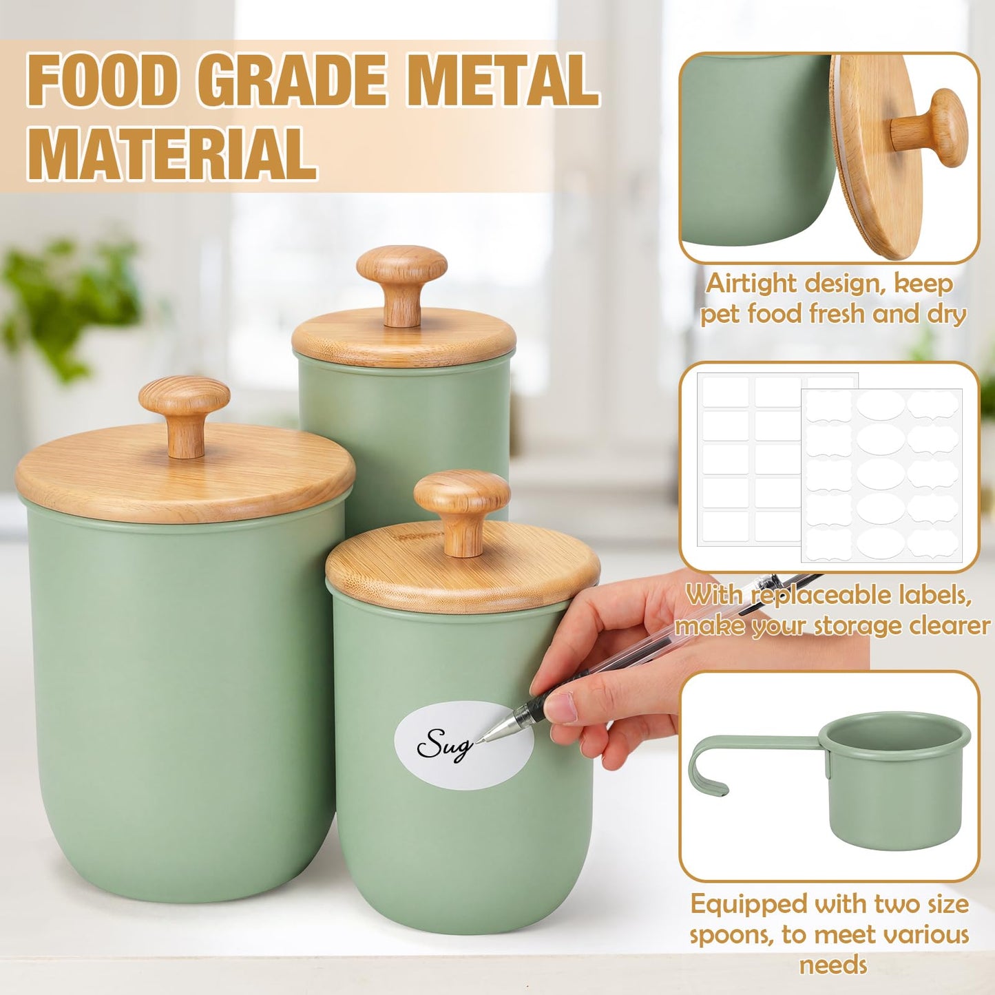 Remerry Metal Kitchen Canisters for Countertop Set of 3 Sugar Flour Canisters Set with Airtight Bamboo Lids Kitchen Jars with Spoon DIY Labels for Coffee, Tea, Spice, Sugar, Salt(Sage Green)