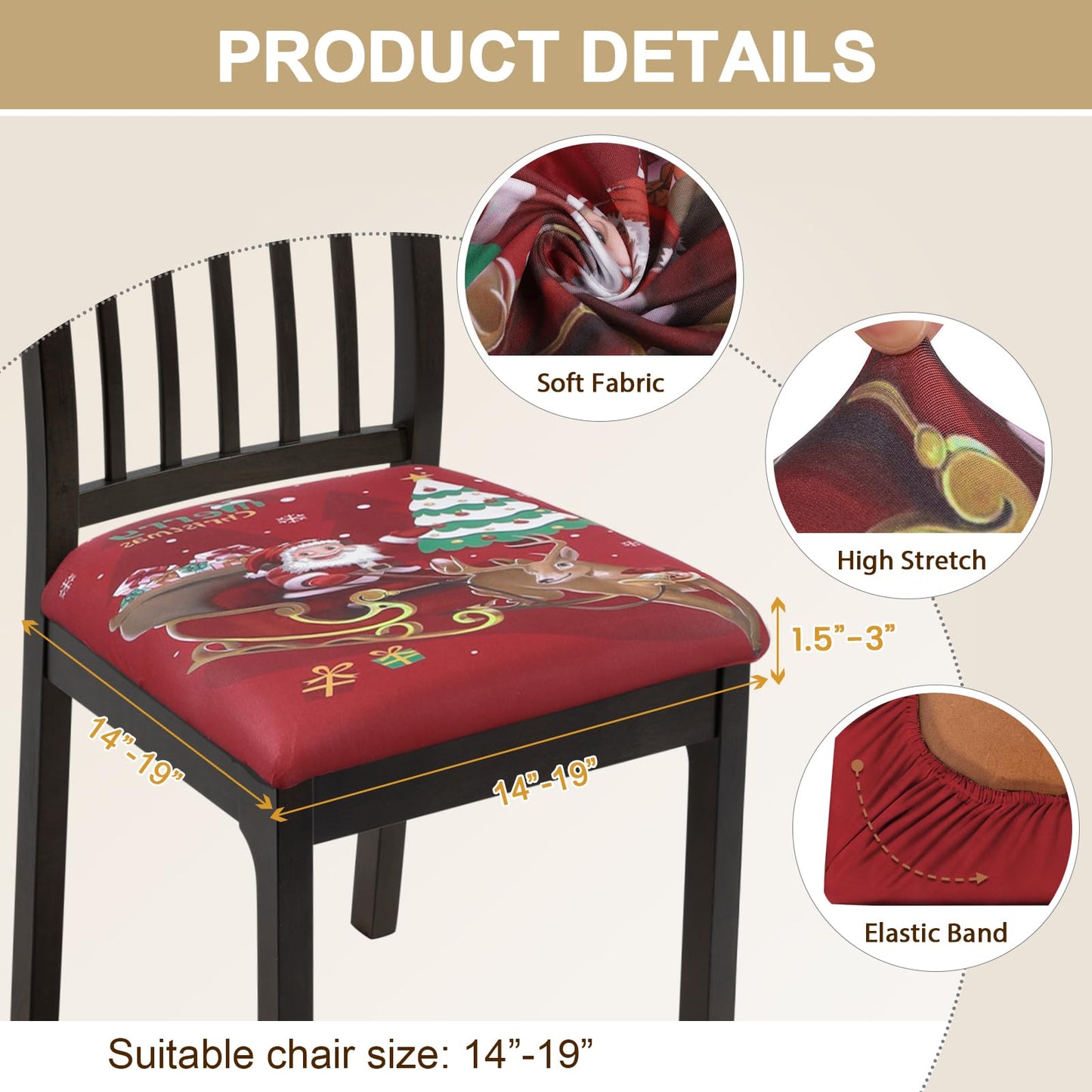 SearchI 6 Pack Christmas Seat Covers for Dining Room Chairs Stretch Printed Xmas Chair Seat Covers, Removable Upholstered Chair Seat Protector for Christmas Decoration, Kitchen, Office (Santa+elk)