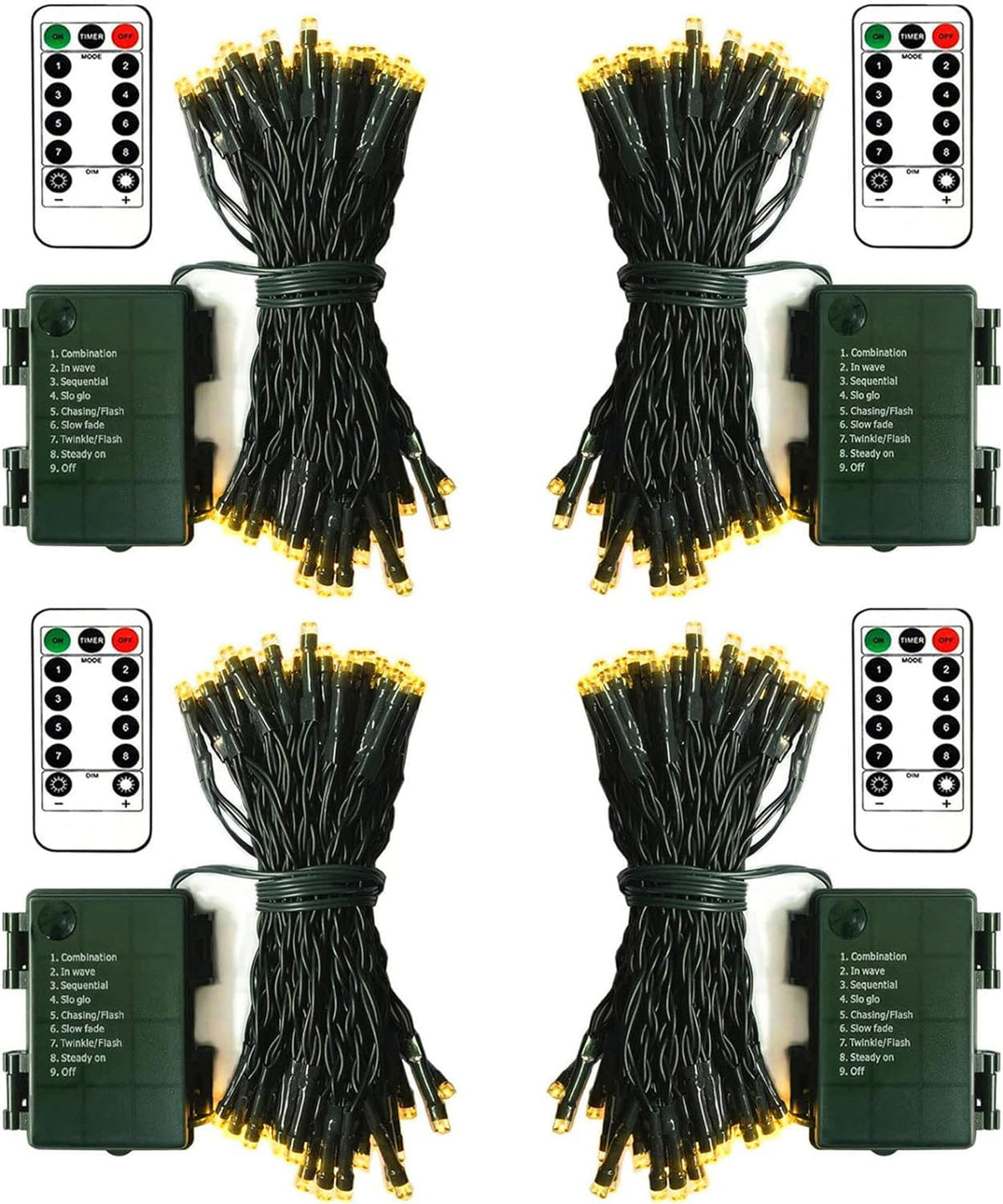 ZAIYW Battery Operated String Lights 4 Pack 16.5Ft 50LED String Lights with Remote Control 8 Modes Timer Christmas Lights Green Wire for Outdoor Garden Party Garlands Xmas Tree Decor (Warm White)