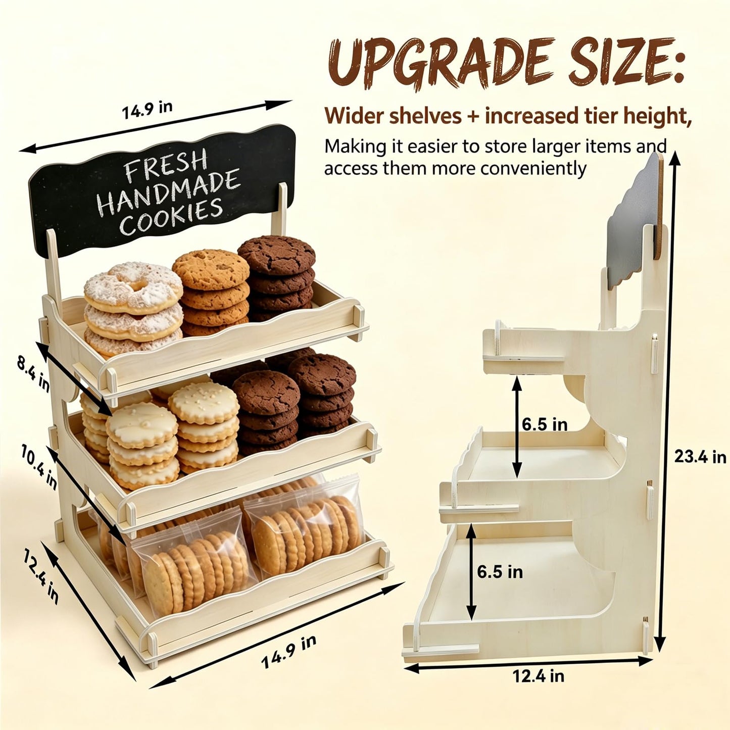 3-Tier Cookie Display Stand with Extra Tall 6.5” Between Tiers – Wooden Cookie Stand with Chalkboard Sign for Vendors, Bakers, Market & Craft Fairs – Holds More Cookies, Cupcakes, Muffins, Pastries