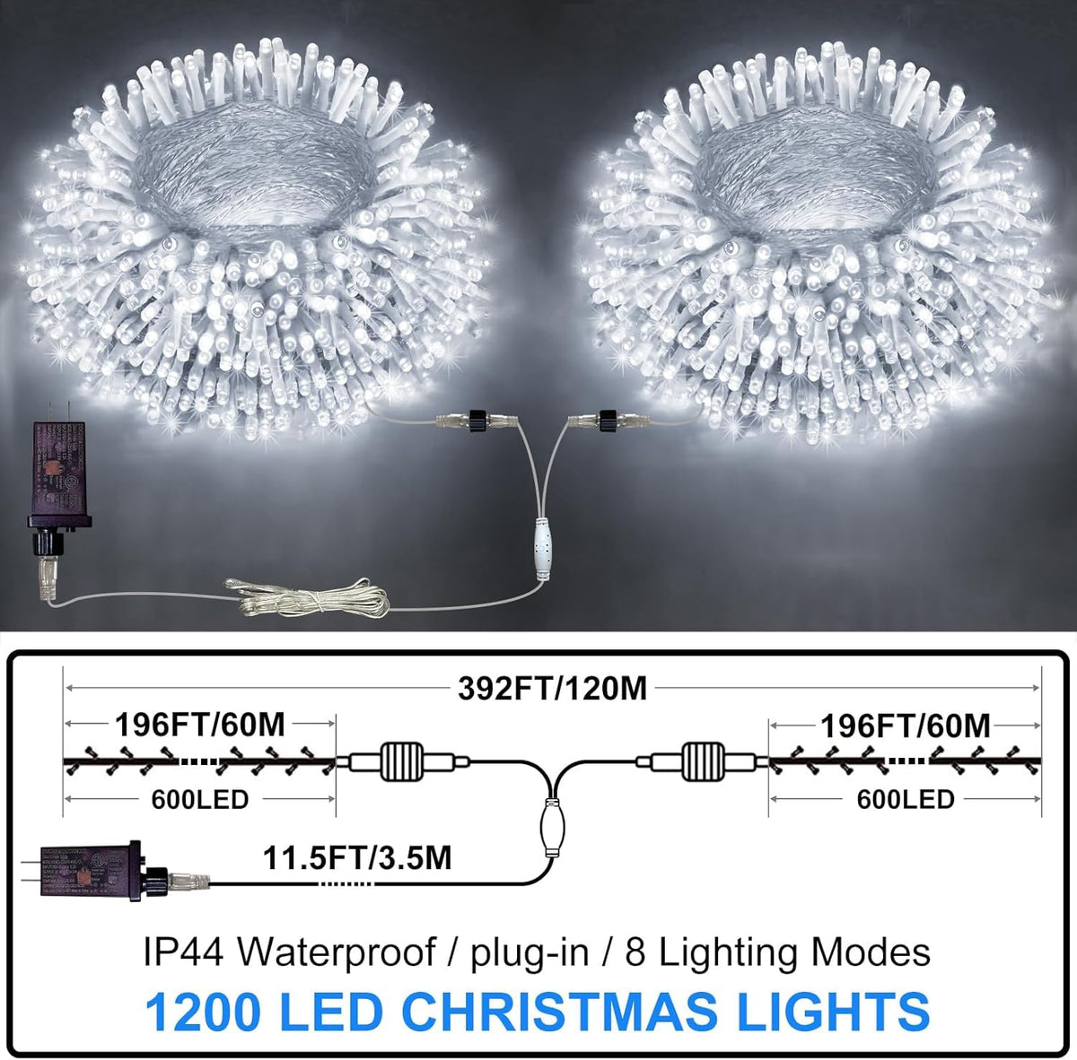 FLVOECN 1200LED Christmas Lights Outdoor Decorations 8 Modes & Memory Timer Christmas Lights with Plug Waterproof Fairy String Lights for Xmas Home Holiday Decor (Cool White, 392 FT 1200 LED)