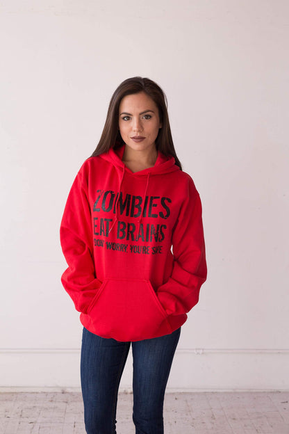 Crazy Dog Unisex Zombies Eat Brains Don't Worry You're Safe Novelty Hoodie Funny Halloween Sweatshirt Undead Sarcastic Humor Sweater Heather Red L