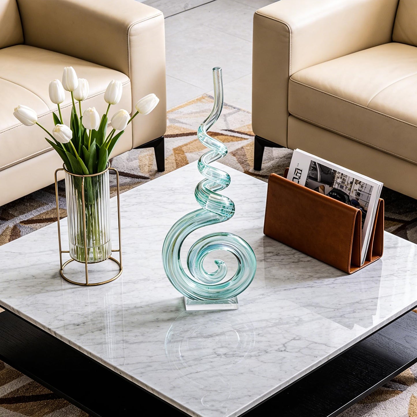 15" Tall Hand-Blown Murano-Style Glass Sculpture Statues Art Ornament Statue Figurines Home Decor Accent Piece Coastal Ocean Nautical Home Decor,Shelf,TV Stand,Tabletop Centerpieces,Wonderful Gift