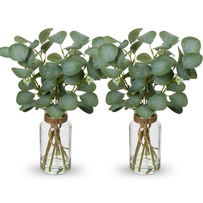 Briful Artificial Eucalyptus Stems in Glass Vase with Faux Water, 14" Fake Plant Eucalyptus Leaves for Home Farmhouse Wedding Centerpiece Bathroom Décor, 2 Packs
