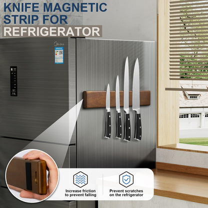 ENOKING 16 Inch Magnetic Knife Holder for Wall - Acacia Wood Knife Strip with Gold-Stamping Magnetic Gift Box - Powerful Knife Bar with 4 Hooks, No Drilling or Screw Mount