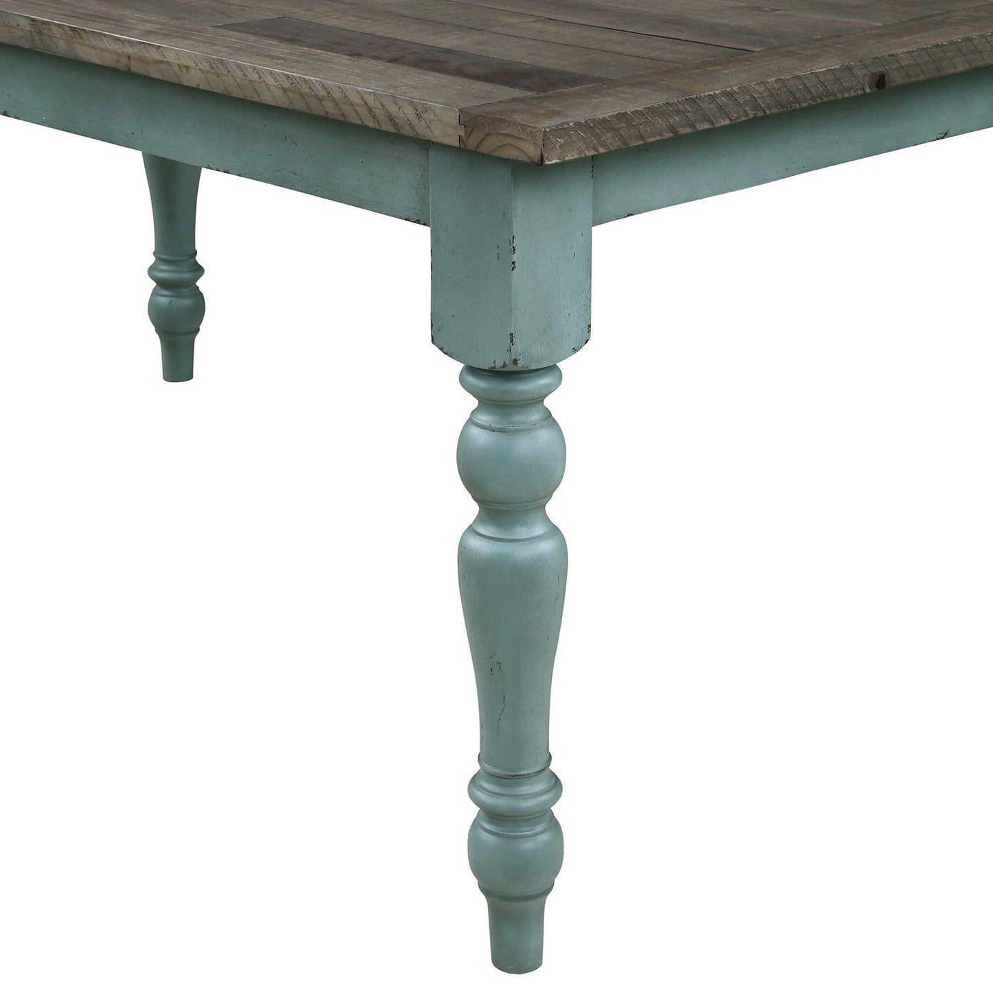 Roundhill Furniture Prato 6-Piece Dining Set, Dining Table with 4 Cross Back Chairs and Bench, Antique Blue and Distressed Walnut Finish