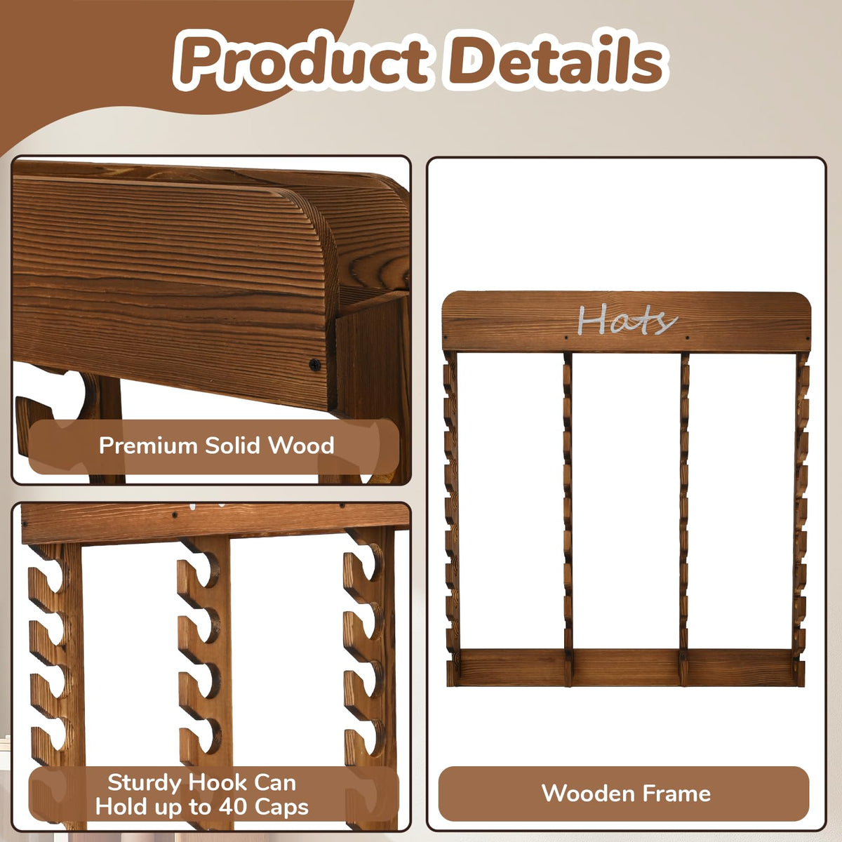 WYJREES Wooden Hat Racks for Baseball Caps, 40-Slot Wall Mount Baseball Cap Rack, Hat Organizer for Display and Storage, Vertical Cap Hanger for Bedroom, Entryway or Closet