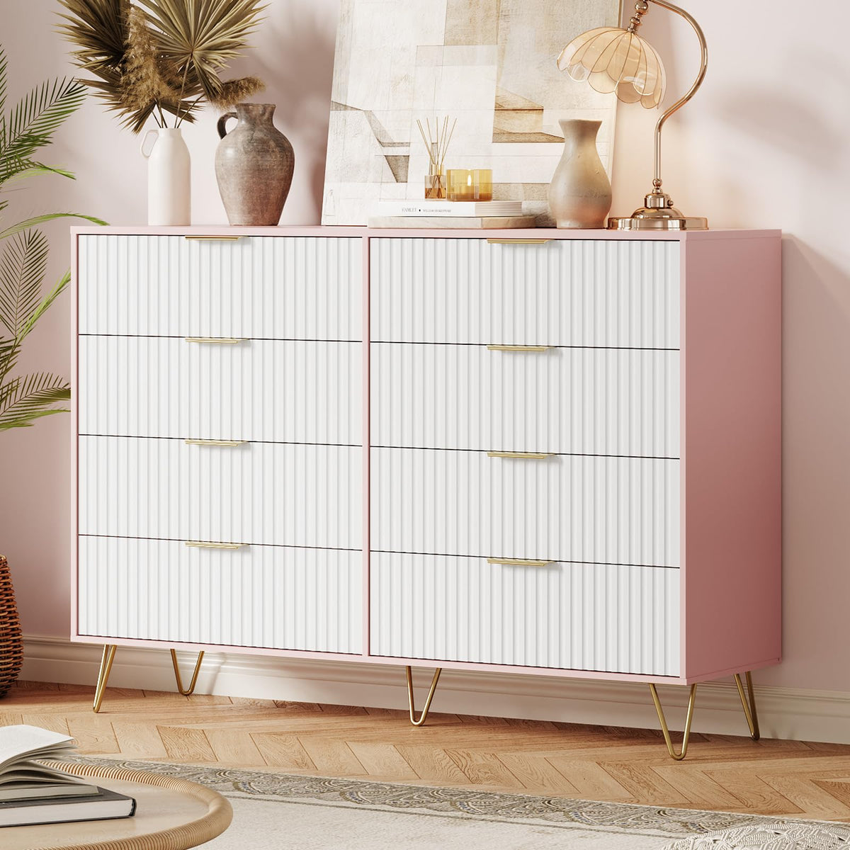 GarveeHome Fluted Dresser for Bedroom with 8 Drawers,55" Wide Modern Chest of Wooden Bedroom Chest with Metal Handle,Clothes Storage Organizer,Dresser & TV Stand for Living Room,PIink