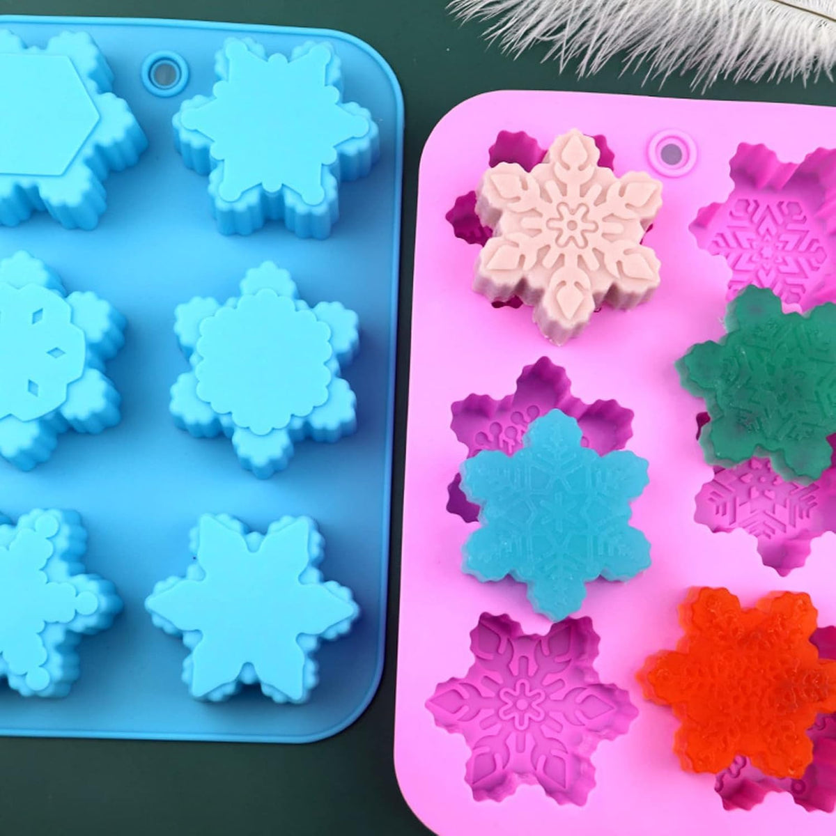 Silicone Snowflake Molds - 2 Pcs Christmas Soap Molds Non-Stick 3D Snowflake Candle Bath Bomb Mold Christmas Baking Tray Cake Cupcake Backing Mold Chocolate Candy (Pink/Blue)