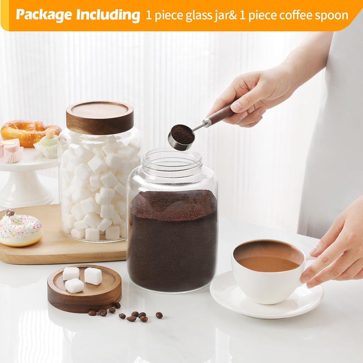 Patoper Large Glass Coffee Jars with Spoons 60 oz /1800ml, Round Storage Canister with Wooden Lid Clear Glass Food Jar for Pantry Sugar Tea Coffee Bean Spice Nuts Cookies Bath Salts (1800ml/60oz)