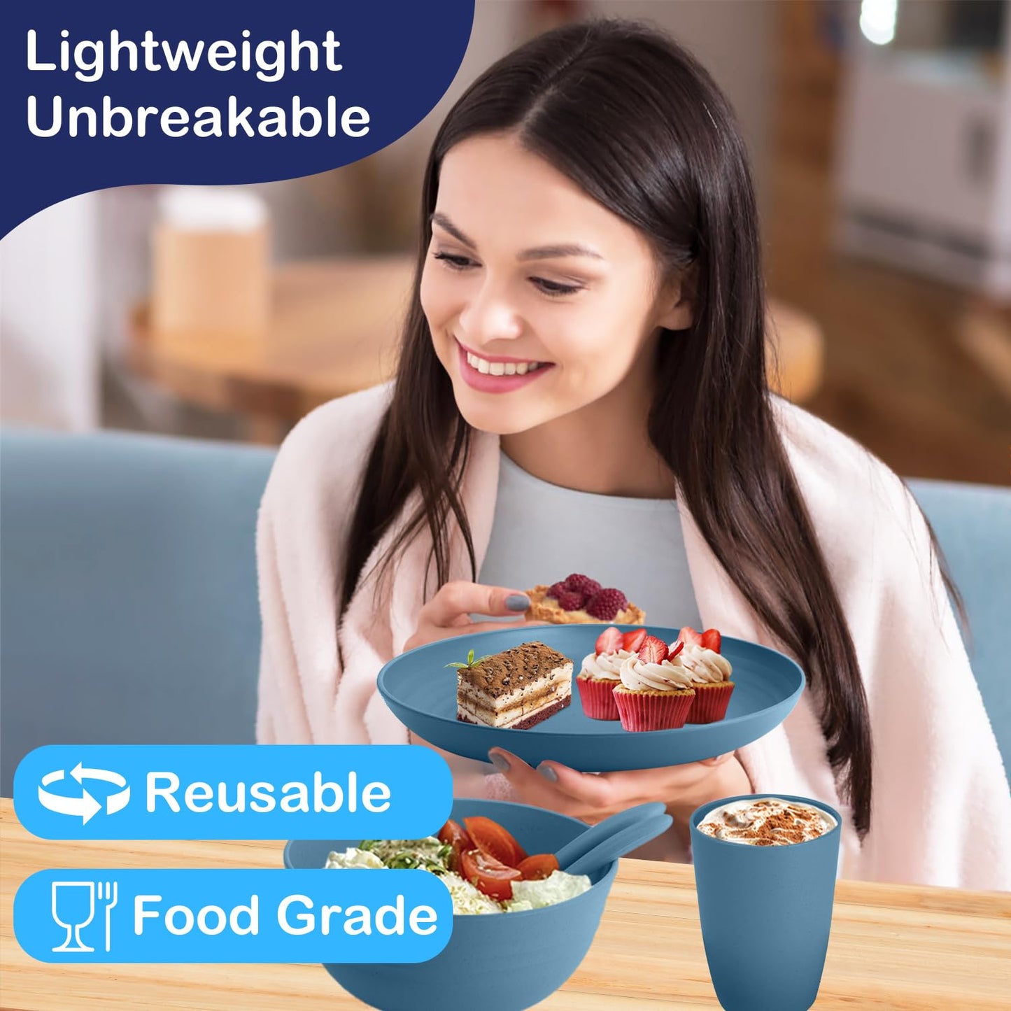 Wheat Straw Dinnerware Set 40-Piece Service for 8 Unbreakable Dishes Set Plates and Bowls Sets Drinking Glasses Microwave Safe Dish Set Lightweight Dinnerware Set for Home & Kitchen - Yellow
