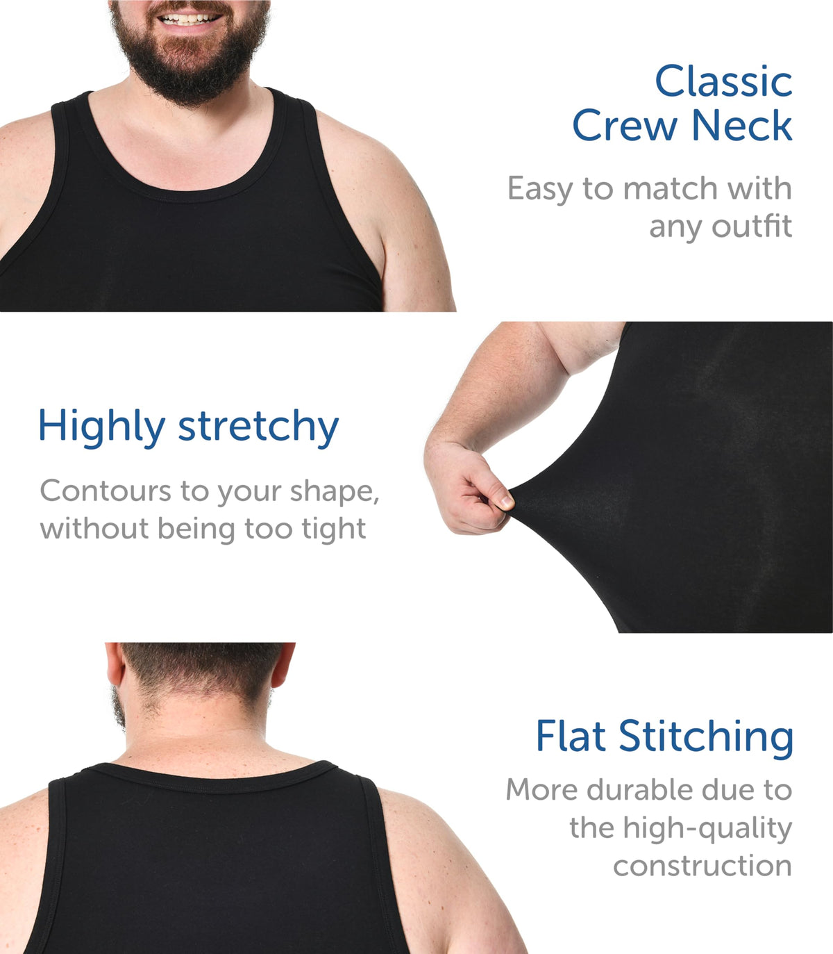 Comfneat Men's 4-Pack Big & Tall Tight Fit A-Shirts Tank Tops Sleeveless Undershirts Stretchy Cotton Spandex Base Layers (Black 4-Pack, 7XL)