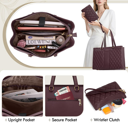 RAINSMORE Laptop Bag for Women 15.6 Inch Work Tote Bags Leather Laptop Tote Professional Laptop Purse Computer Handbag Womens Briefcase Tote with Clutch for Teacher Office Travel, Dark Purple