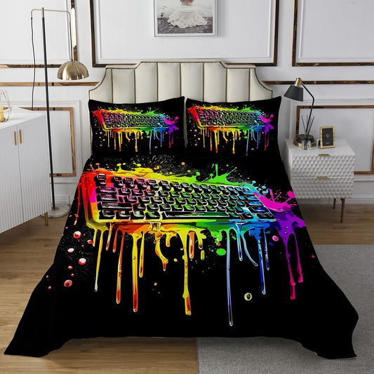 Homewish Gamepad Keyboard Bedspread King Size,Video Games Bedding Set 3Pcs for Kids Girls Boys Adult Room Decor,Gaming Gamer Quilt Comforter Colorful Tie-dye Coverlet,2 Pillowcases