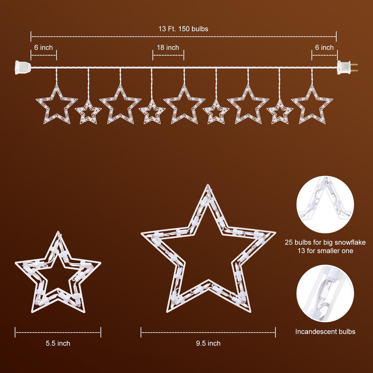 Christmas Star Window Lights with 9 Drops - 13ft Star Icicle String Lights with 150 Mini Bulbs, Plug-in Connectable Curtain Hanging Lights for Christmas Home Indoor Outdoor Party Holiday Decor