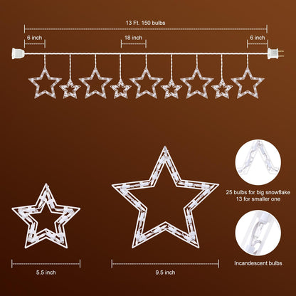 Christmas Star Window Lights with 9 Drops - 13ft Star Icicle String Lights with 150 Mini Bulbs, Plug-in Connectable Curtain Hanging Lights for Christmas Home Indoor Outdoor Party Holiday Decor