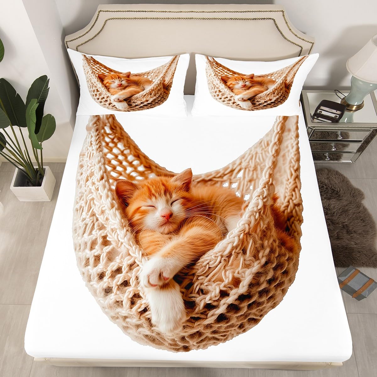 jejeloiu Cats Print Fitted Sheet with 1 Pillowcase Twin Size Animal Bed Sheets Set 16" Deep Pocket Boys Girls White Brown Bedding Cute Kitten Teens Bedroom Decor Breathable Lightweight Microfiber