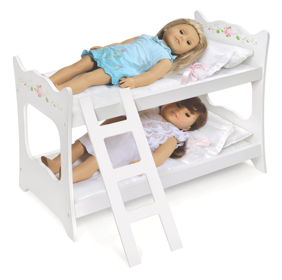 Badger Basket Doll Bunk Bed with Ladder and Bedding – Stylish White & Rose Design for 18 to 20-Inch Dolls with Pillows and Blankets