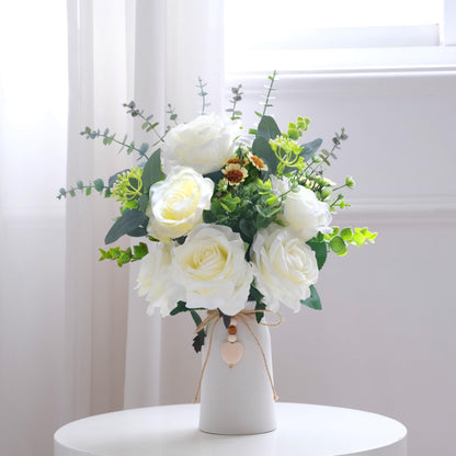 Artificial Rose Flower Arrangement in 6'' White Ceramic Vase with Heart Charm Décor, Flower Arrangement with Eucalyptus Stems and Greenery, Rustic Farmhouse Table Centerpiece, 14"H x 9’’W