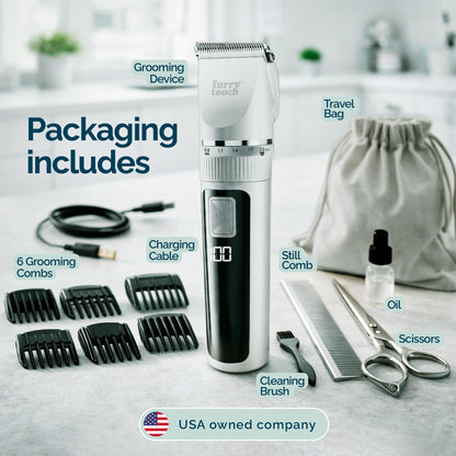 Furry Touch Dog Grooming Kit - 2 Power Modes Quiet & Strong, Cordless Dog Clippers for Grooming & Dogs Hair Trimmer for Groomings, Ceramic Blades, 6 Guide Combs, Rechargeable Trimmer for Cats and Pets