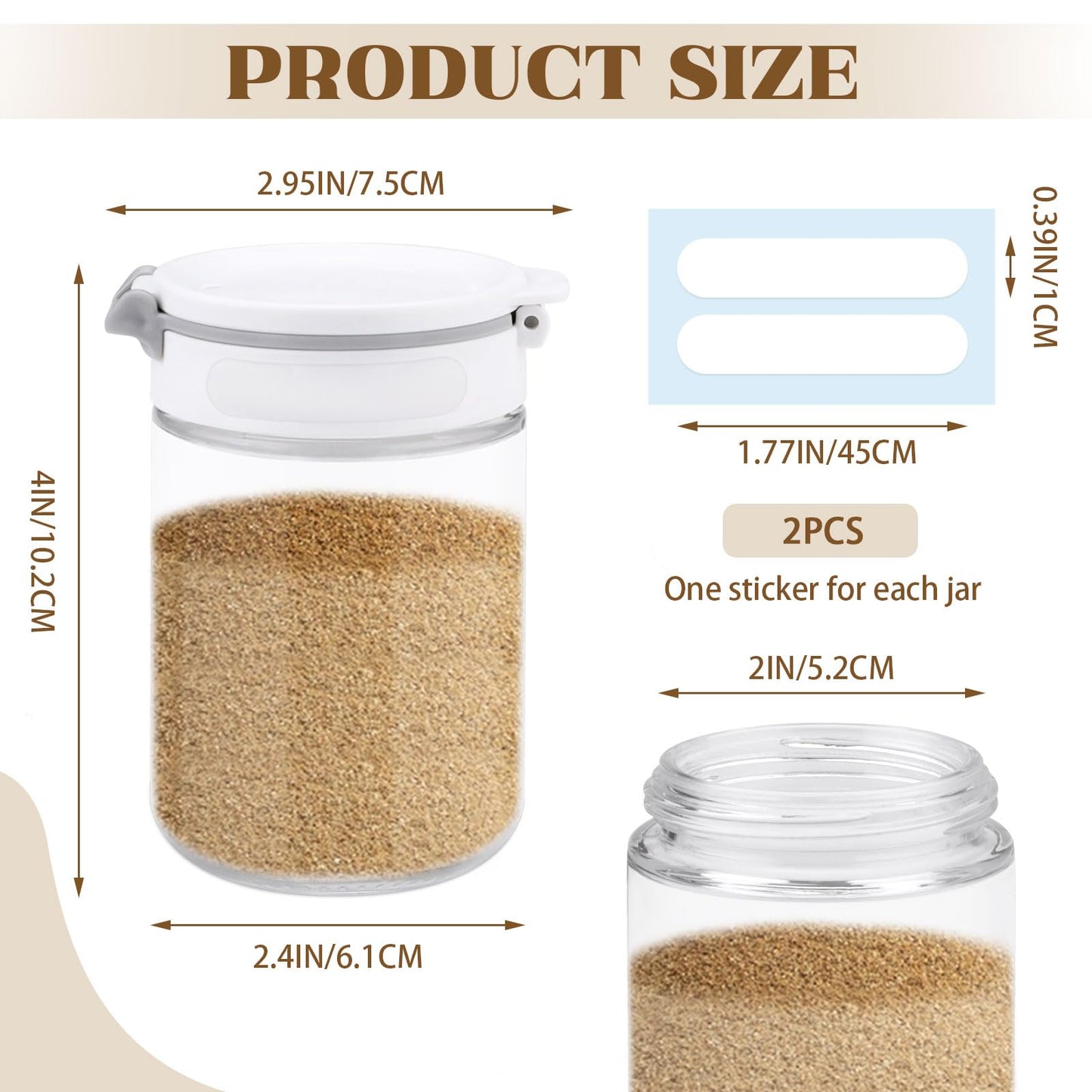Diakey 2 Pack Spice Shaker for Salt & Pepper, Anti-Clogging, Airtight Lid, Seasoning Containers Glass Spice Jars with 2 Hole Sizes and Labels, 6.8oz