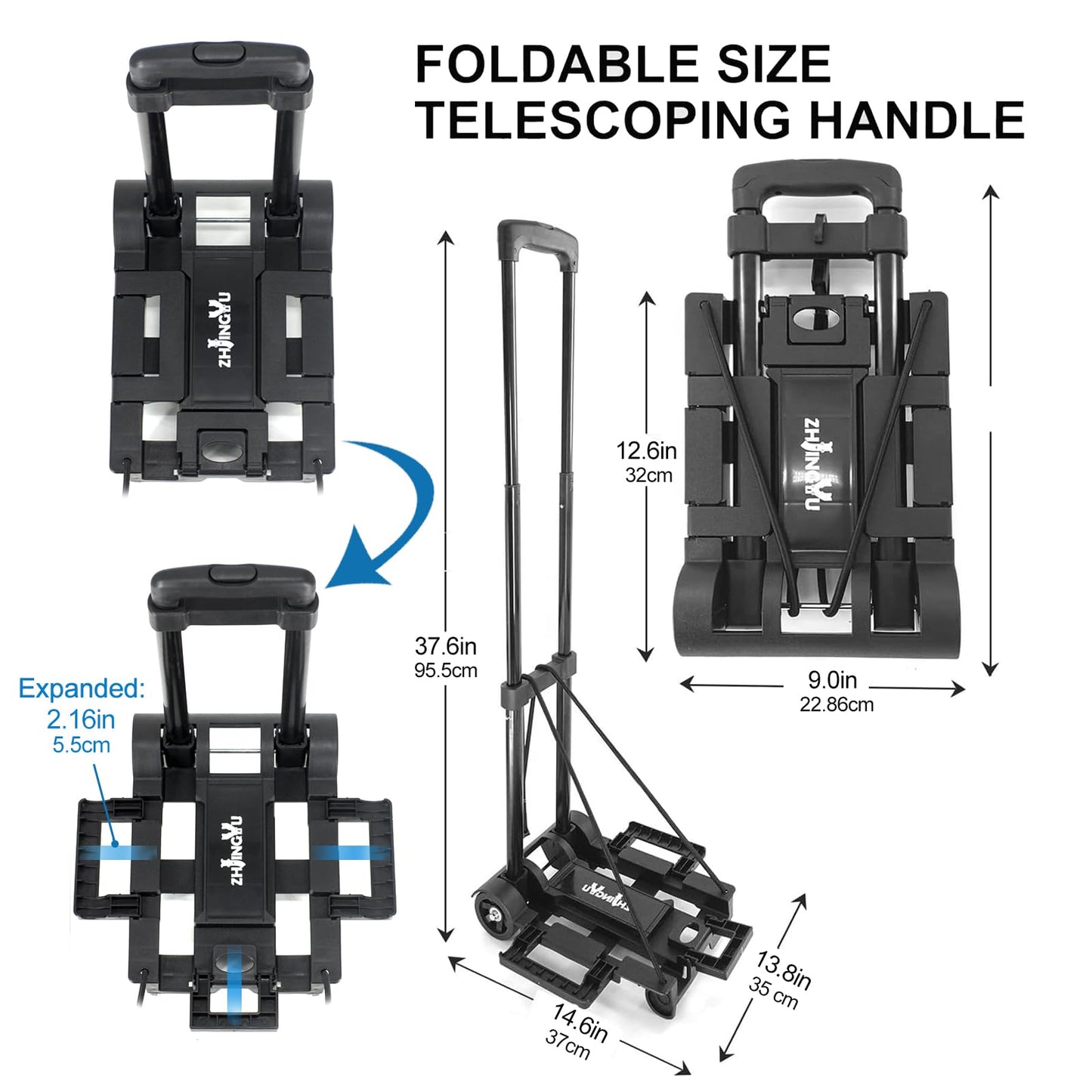 ZHJINGYU 70lbs Folding Hand Truck | Sack Barrow | Steel Foldable Trolley | Adjustable Baseplate & Bungee Cords | 2 Wheel | Folds into Backpack for Lifting Luggage Travel Auto